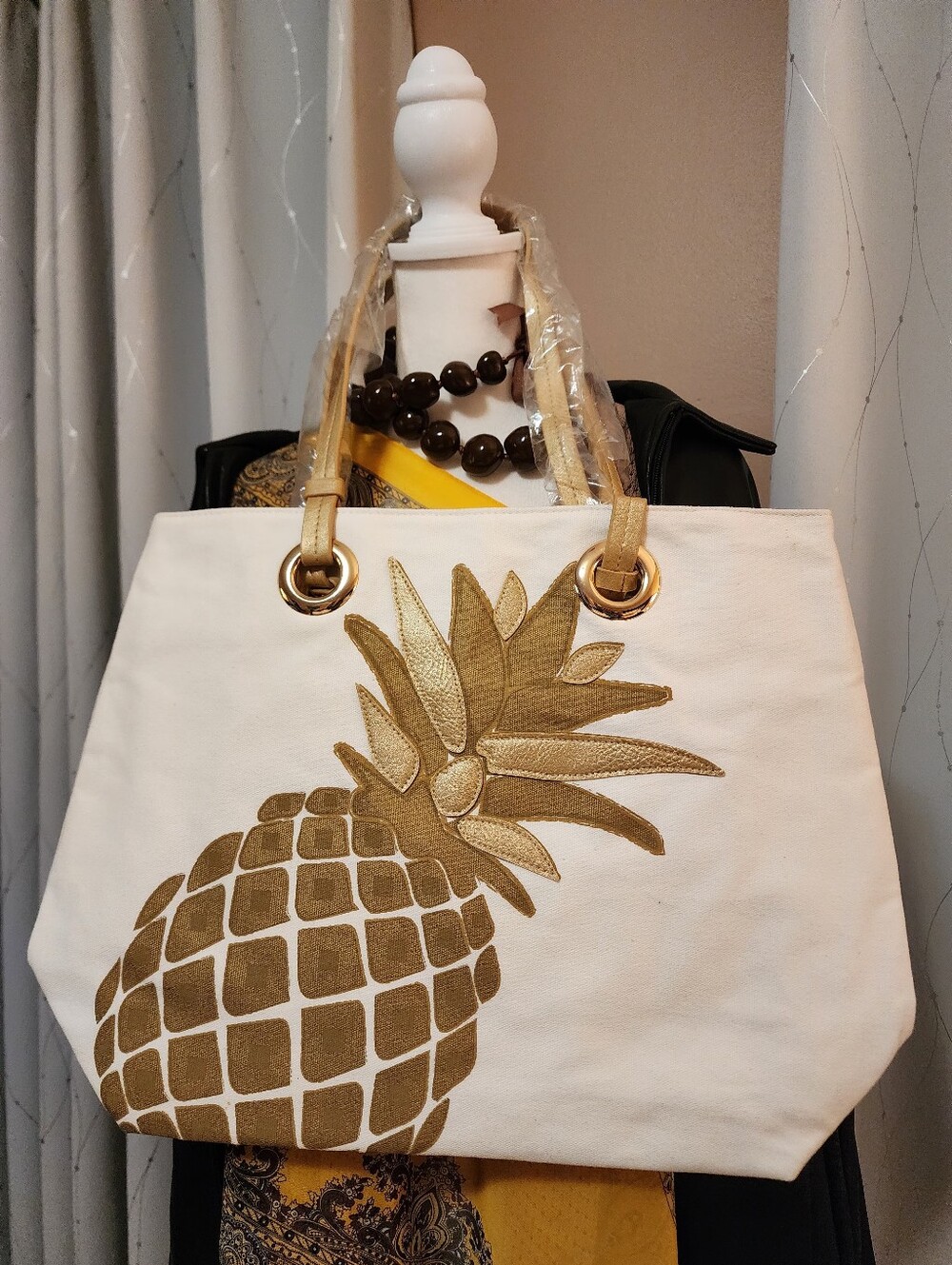 Canvas Pineapple Tote Bag in White and Gold/ Final Price